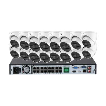 Dahua 16-camera 5MP AI CCTV kit showing sixteen DH-IPC-HDW2541EMP-AS-ANZ turret cameras and one DHI-NVR4216-16P-AI/ANZ 16-channel PoE NVR.
