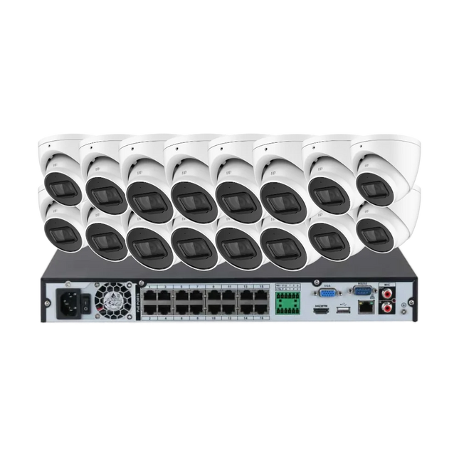 Dahua 16-camera 5MP AI CCTV kit showing sixteen DH-IPC-HDW2541EMP-AS-ANZ turret cameras and one DHI-NVR4216-16P-AI/ANZ 16-channel PoE NVR.