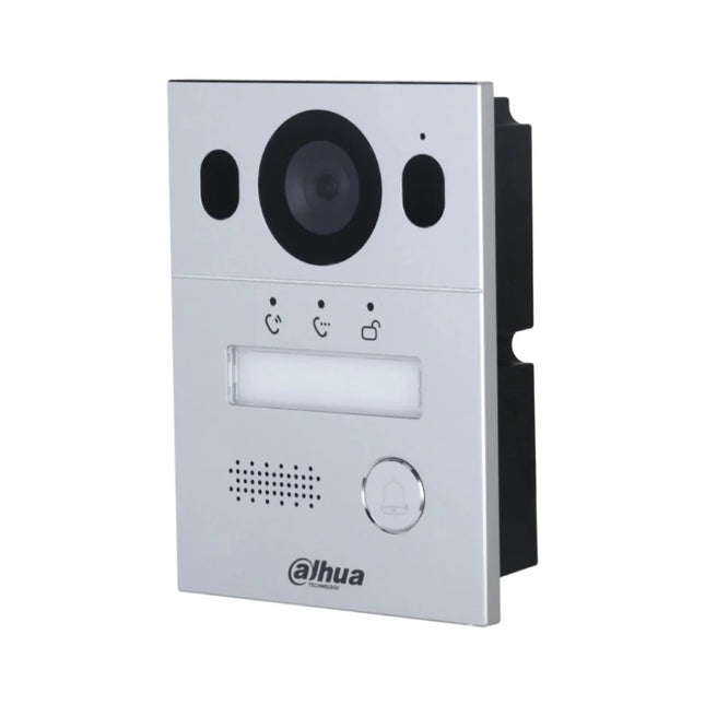Macro view of the 2-megapixel HD HDR camera lens on the Dahua hybrid entry panel, showcasing its wide 110-degree field of view, DWDR exposure correction, and automatic infrared sensor for nighttime visitor lighting.