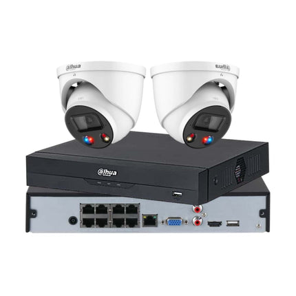 Dahua 2 x 6MP TiOC 3.0 active-deterrence turret CCTV kit in white with siren, strobe and 4, 8-channel or AcuPick PoE AI NVR, Australia