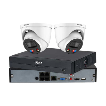 Dahua 2 x 6MP TiOC 3.0 active-deterrence turret CCTV kit in white with siren, strobe and 4, 8-channel or AcuPick PoE AI NVR, Australia