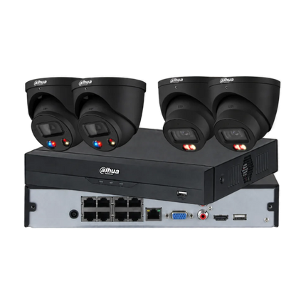 Black Dahua 4-camera 8MP CCTV kit with 2 TiOC 3.0 turrets, 2 Smart Dual-Light turrets and PoE AI NVR