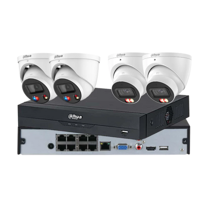 White Dahua 4-camera 8MP CCTV kit with 2 TiOC 3.0 turrets, 2 Smart Dual-Light turrets and PoE AI NVR