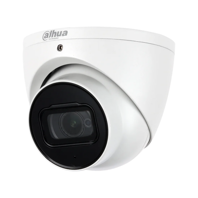Dahua 8MP 4K HDCVI turret security camera in white, featuring a 2.8mm wide-angle lens and Starlight night vision technology for BNC coaxial systems.