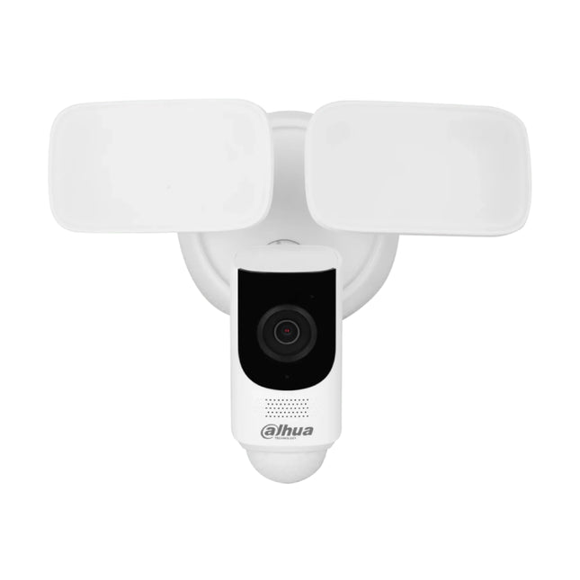 Side profile of the white Dahua 4MP Wi-Fi floodlight camera showing its adjustable wall mount bracket and compact weather-resistant housing.