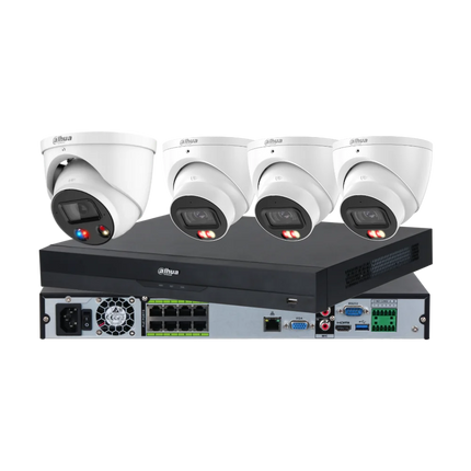 Dahua 4 x 6MP 3K full-colour CCTV kit in white — 1 TiOC 3.0 and 3 Smart Dual-Light turrets with 8-channel PoE AI AcuPick NVR