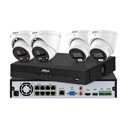 Dahua 4 × 6MP full-colour CCTV kit – 2 × white TiOC 3.0 active deterrence turrets + 2 × Smart Dual-Light turrets with AcuPick NVR 5208, front and rear view