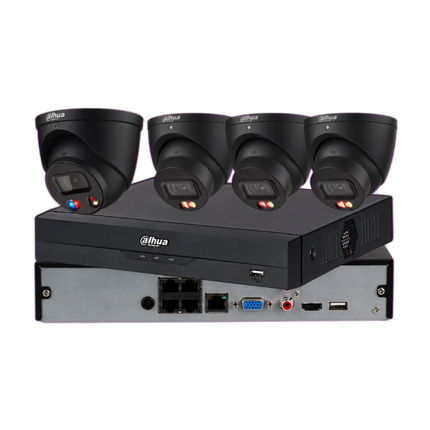 Dahua 4 x 8MP CCTV kit with 1 TiOC 3.0 and 3 Smart Dual-Light turret cameras in black and 4-channel NVR4104 AI NVR, Australia