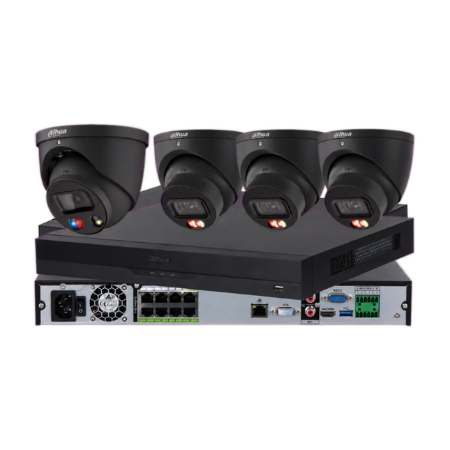 Dahua 4 x 8MP CCTV kit with 1 TiOC 3.0 and 3 Smart Dual-Light cameras in black and 8-channel AcuPick NVR5208 AI NVR for smart search, Australia