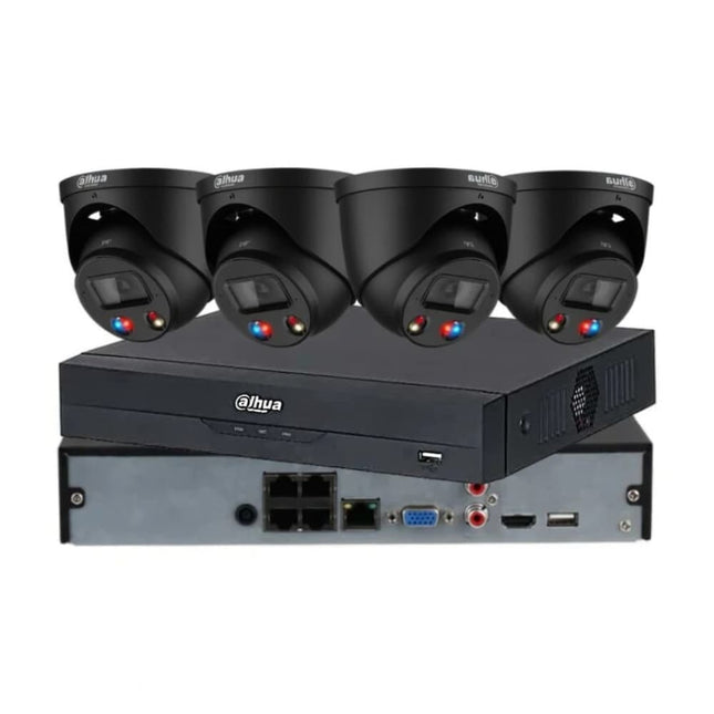 Dahua 4 × 6MP TiOC Full Colour Black CCTV Kit with DHI-NVR4104HS-P-AI/ANZ 4-Channel PoE AI NVR — Active Deterrence, Siren, Two-Way Audio