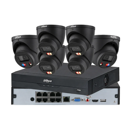 Dahua 6 x 6MP 24/7 full-colour CCTV kit in black — 2 TiOC 3.0 and 4 Smart Dual-Light turrets with 8-channel PoE AI NVR