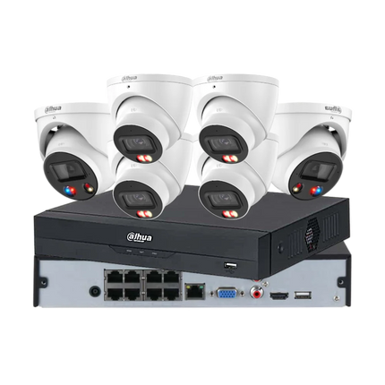 Dahua 6 x 6MP 24/7 full-colour CCTV kit in white — 2 TiOC 3.0 and 4 Smart Dual-Light turrets with 8-channel PoE AI NVR