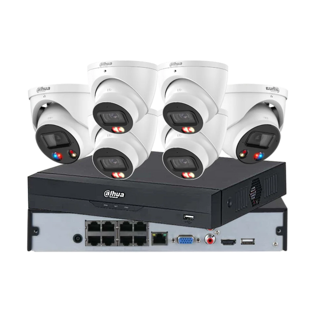 Dahua 6 x 6MP 24/7 full-colour CCTV kit in white — 2 TiOC 3.0 and 4 Smart Dual-Light turrets with 8-channel PoE AI NVR