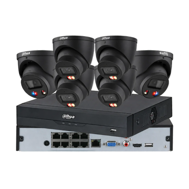 Dahua 6 x 8MP 24/7 full-colour CCTV kit in black — 2 TiOC 3.0 and 4 Smart Dual-Light turrets with 8-channel PoE AI NVR