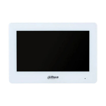Close-up of the active 1024x600 resolution display on the white Dahua indoor station, demonstrating the digital menu layout, app interface tiles, and a live video stream from a connected video doorbell camera.