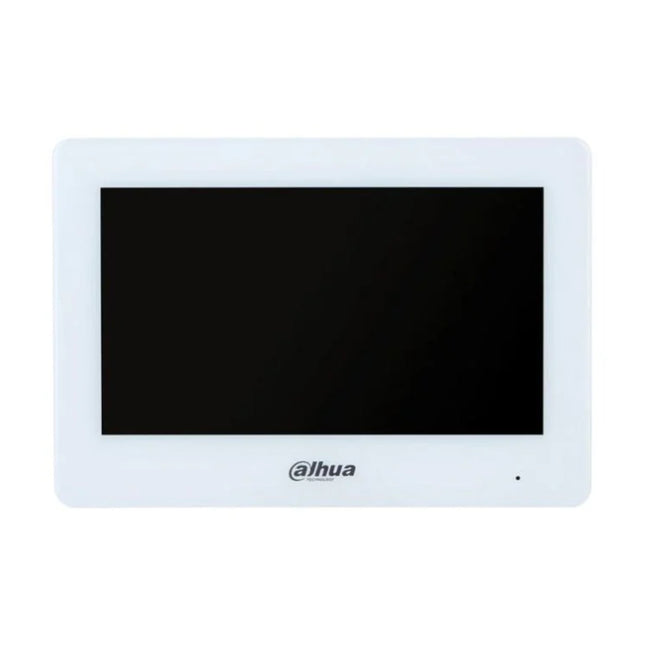 Close-up of the active 1024x600 resolution display on the white Dahua indoor station, demonstrating the digital menu layout, app interface tiles, and a live video stream from a connected video doorbell camera.