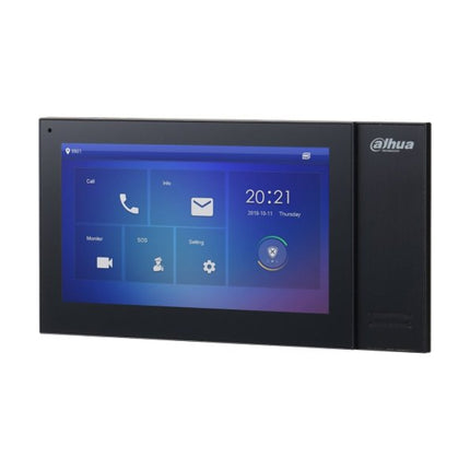 Close-up of the active 1024x600 resolution TFT LCD screen on the black Dahua room station, demonstrating the user interface displaying a live security camera stream via IPC surveillance mode.