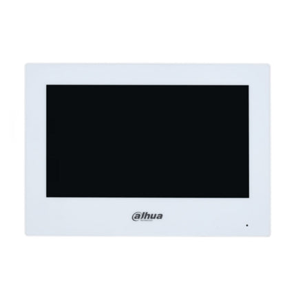 Close-up of the active 1024x600 resolution LCD screen on the Dahua indoor station, demonstrating the user interface displaying a live video feed from a connected outdoor doorbell camera.