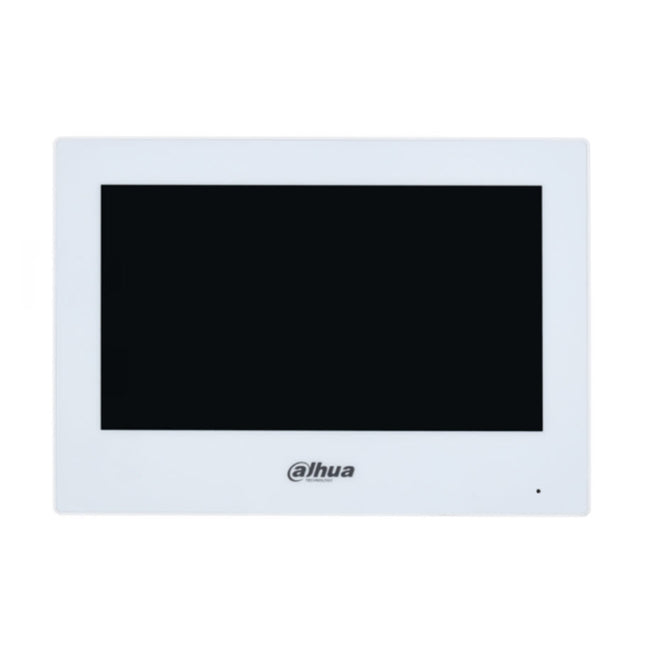 Close-up of the active 1024x600 resolution LCD screen on the Dahua indoor station, demonstrating the user interface displaying a live video feed from a connected outdoor doorbell camera.