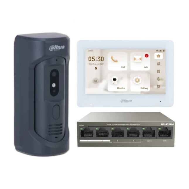 Dahua 7-inch touchscreen video intercom kit with VTO2101E-P-S2 door station and IP-COM 4-port PoE switch