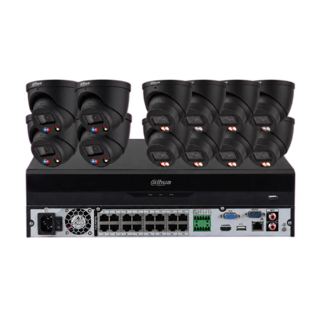 Dahua 8MP 16-channel CCTV kit with 4 black TiOC 3.0 active-deterrence and 6 black Smart Dual-Light turret cameras and 16CH AI NVR, Australia