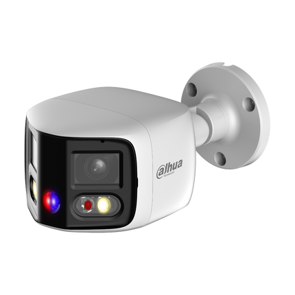 ahua DH-IPC-PFW3849S-A180-AS-PV 8MP panoramic 180-degree camera with dual lenses and red/blue deterrence lights.