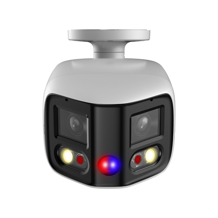 Side view showing the built-in speaker and red/blue flashing lights on the Dahua PFW3849S-A180 camera.