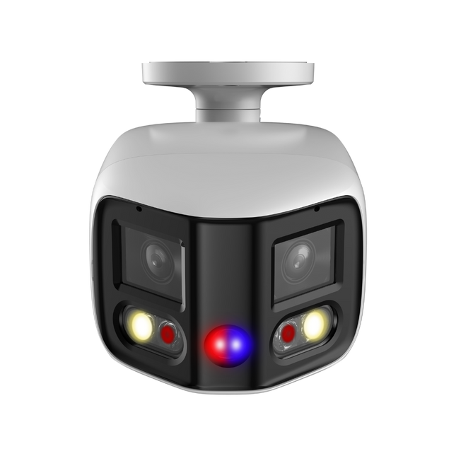 Side view showing the built-in speaker and red/blue flashing lights on the Dahua PFW3849S-A180 camera.