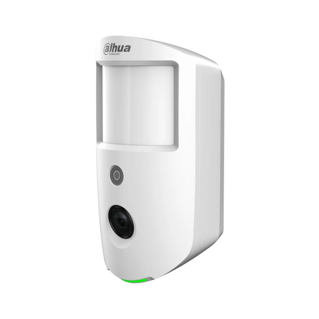 Front close-up of the Dahua ARD1731-W2 alarm detector highlighting the PIR motion sensor lens, 12m IR illuminator, and snapshot camera lens.