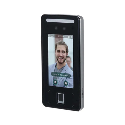Side profile of the Dahua ASI6214J-MFW biometric terminal flush-mounted on an office wall, highlighting its slim housing and integrated wireless Wi-Fi and TCP/IP networking design.