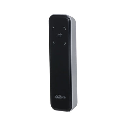 An outdoor close-up of the Dahua ASR2200A slim proximity reader mounted on an external wall, highlighting its IP66 weatherproof and waterproof design with water droplets on the surface.