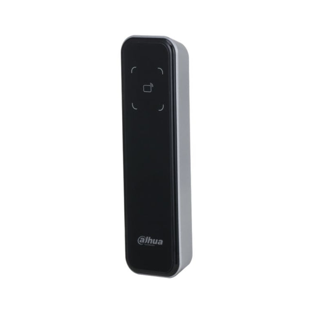 An outdoor close-up of the Dahua ASR2200A slim proximity reader mounted on an external wall, highlighting its IP66 weatherproof and waterproof design with water droplets on the surface.