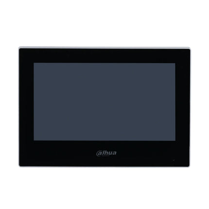 Close-up of the active 1024x600 resolution LCD screen on the black Dahua indoor station, demonstrating the touch interface menu displaying a live view from a connected outdoor camera.