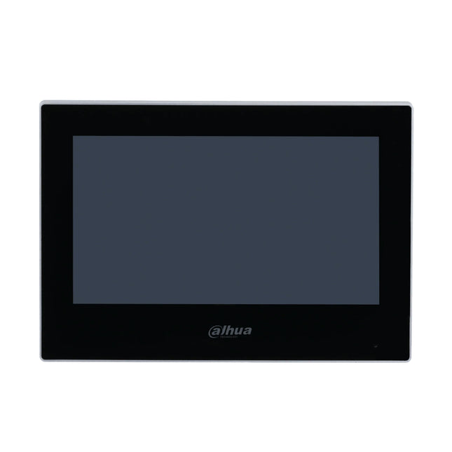 Close-up of the active 1024x600 resolution LCD screen on the black Dahua indoor station, demonstrating the touch interface menu displaying a live view from a connected outdoor camera.
