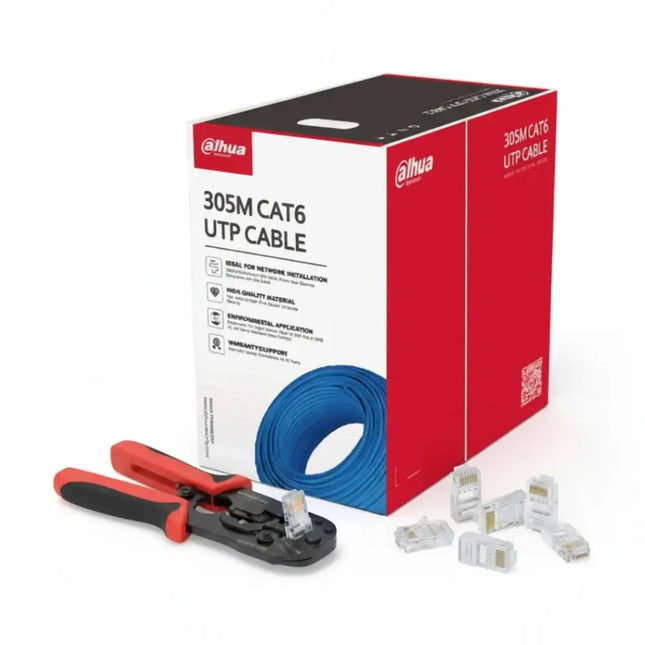 Dahua 305m CAT6 cable pull box bundled with Neptune RJ45 crimping tool and pass-through connector plugs.