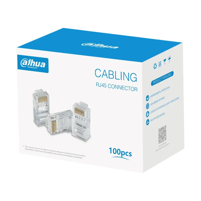Macro close-up of Dahua CAT6 pass-through RJ45 plug showing 15u gold-plated contacts and front wire pass-through holes.