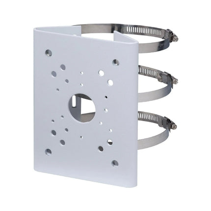 Dahua DH-AC-PFA150 white heavy-duty aluminum pole mount bracket with adjustable stainless steel straps.