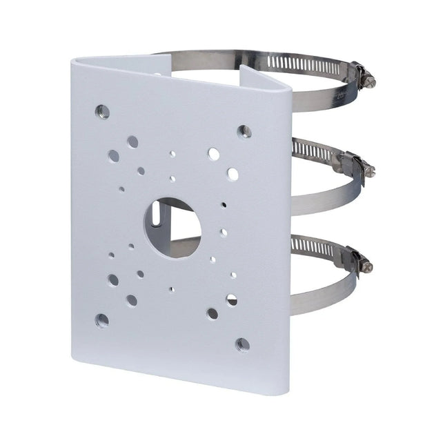 Dahua DH-AC-PFA150 white heavy-duty aluminum pole mount bracket with adjustable stainless steel straps.