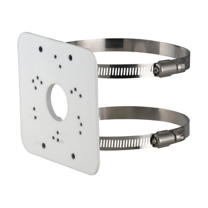 Dahua DH-AC-PFA152-E white aluminum pole mount bracket with adjustable stainless steel straps.