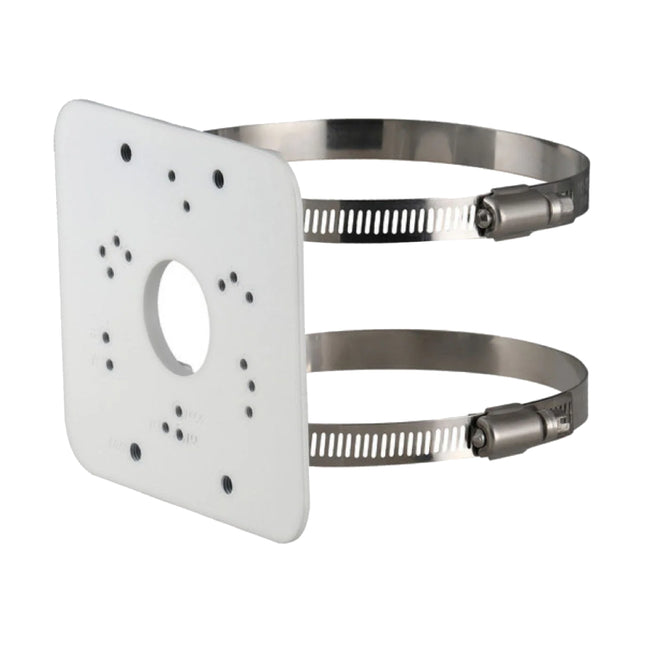 Dahua DH-AC-PFA152-E white aluminum pole mount bracket with adjustable stainless steel straps.