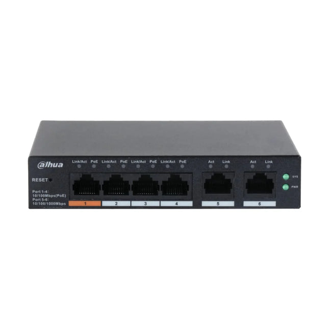 Front perspective of the Dahua DH-CS4006-4ET-60 Layer 2 cloud-managed network switch, showcasing its ultra-compact black sheet metal desktop enclosure.