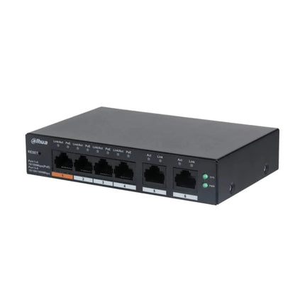 Interface close-up highlighting the four 10/100 Mbps downstream PoE ports, drawing attention to the signature orange Port 1 supporting up to 60W Hi-PoE power delivery.