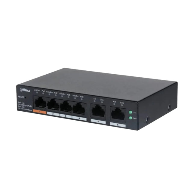 Interface close-up highlighting the four 10/100 Mbps downstream PoE ports, drawing attention to the signature orange Port 1 supporting up to 60W Hi-PoE power delivery.