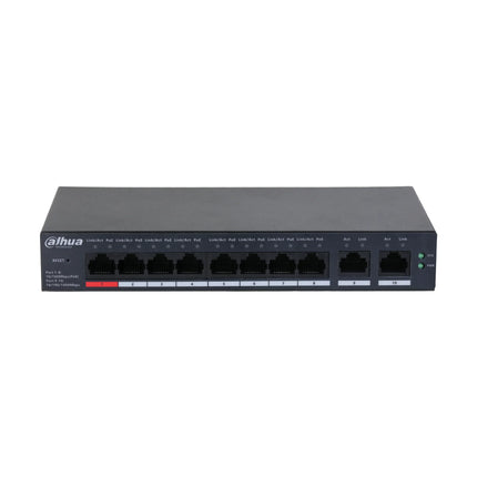 Front view of Dahua DH-CS4010-8ET-110 10-port cloud managed desktop switch showing 8 PoE ports, including the high-draw red and orange Hi-PoE ports, and 2 Gigabit uplink ports.