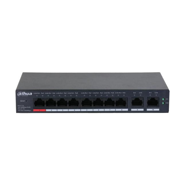 Front view of Dahua DH-CS4010-8ET-110 10-port cloud managed desktop switch showing 8 PoE ports, including the high-draw red and orange Hi-PoE ports, and 2 Gigabit uplink ports.