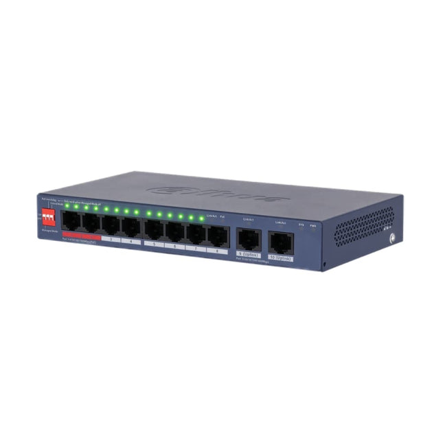 Dahua DH-CS4010-8GT-110-V2 10-port cloud-managed Gigabit PoE switch with eight PoE ports and two Gigabit RJ45 uplinks active state