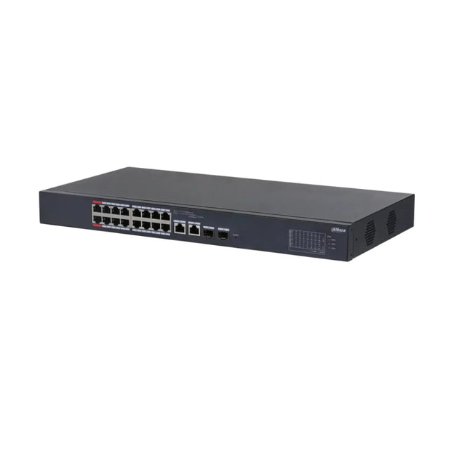 Interface close-up of the Dahua DH-CS4218-16ET-190 switch highlighting the red-coded Ports 1 and 2 supporting 90W IEEE802.3bt power delivery.