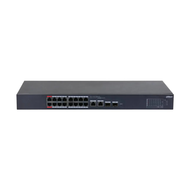 Front view of the Dahua DH-CS4218-16ET-190 18-port cloud managed desktop PoE switch inside its full metal black chassis.