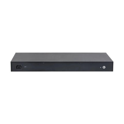 Detailed macro view of the front hardware DIP switches on the Dahua switch for manually toggling Cloud-Managed mode, PoE Watchdog, and 250m long-distance transmission.
