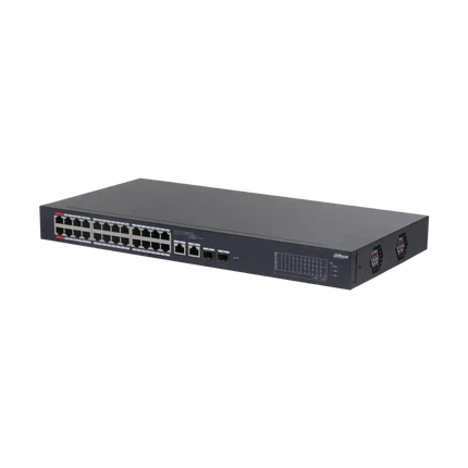 Dahua DH-CS4226-24ET-375 ports showing 24 PoE RJ45 and 2 combo uplinks (RJ45/SFP)